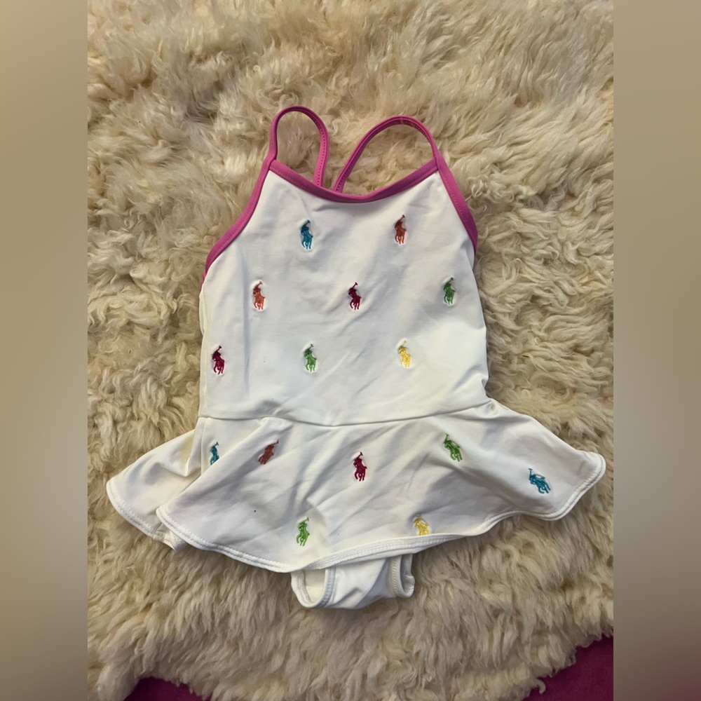 Ralph Lauren White Multi Pony 1 PC Swim/Bathing Suit W/Skirt Girls/SZ 9M